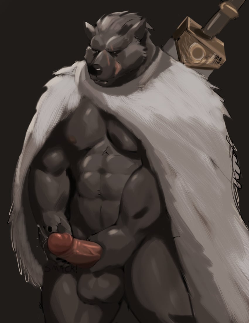 abs absurd_res anthro balls bin_(artist) blaidd_(elden_ring) bodily_fluids canid canine canis cape clothing elden_ring erection fromsoftware fur genital_fluids genitals greatsword grey_body grey_fur hi_res holding_penis humanoid_genitalia humanoid_penis male male_focus male_only male_solo mammal muscular muscular_anthro muscular_male pecs penis precum scar simple_background solo solo_male standing wolf