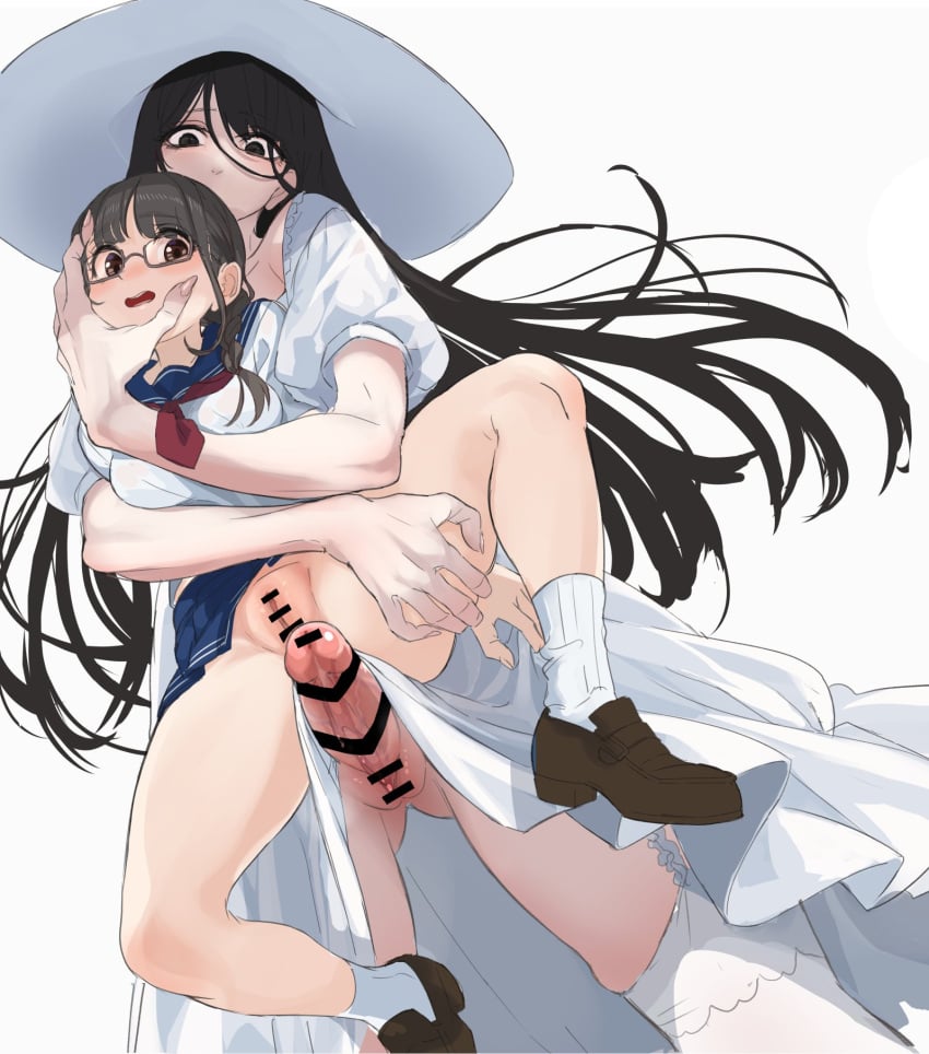 1futa 1girls bar_censor big_dom_small_sub big_penis black_hair blue_sailor_collar blue_skirt bottomless breasts brown_eyes brown_footwear censored clothed clothing dress dubious_consent duo erection female femsub futa_on_female futa_sans_balls futa_with_female futadom futanari glasses hair_between_eyes hasshaku-sama hat highres human larger_futanari lifting_person light-skinned_female light-skinned_futanari light_skin long_hair low-angle_view monowe mostly_clothed multiple_girls open_mouth original penis puffy_sleeves pussy sailor_collar school_uniform serafuku shirt shoes simple_background size_difference skirt smaller_female socks standing sun_hat sundress thighhighs white_background white_dress white_headwear white_legwear white_shirt