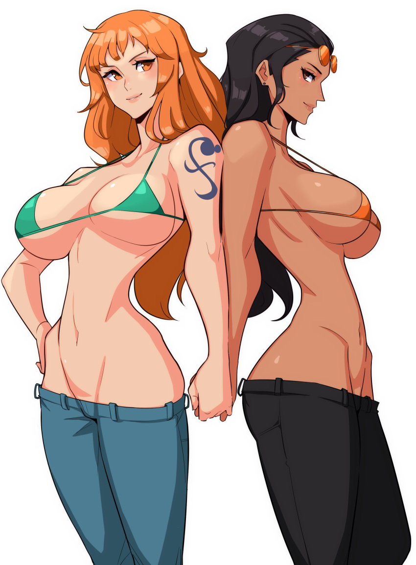 2girls alecto_0 ass back_to_back big_breasts bikini bikini_top black_hair breasts brown_eyes curvy female female_only holding_hands implied_ass_cleavage jeans light_skin long_hair low-riding micro_bikini micro_bikini_top nami narrow_waist nico_robin one_piece orange_hair post-timeskip sideboob sunglasses_on_head tan_skin tattoo underboob v-line white_background