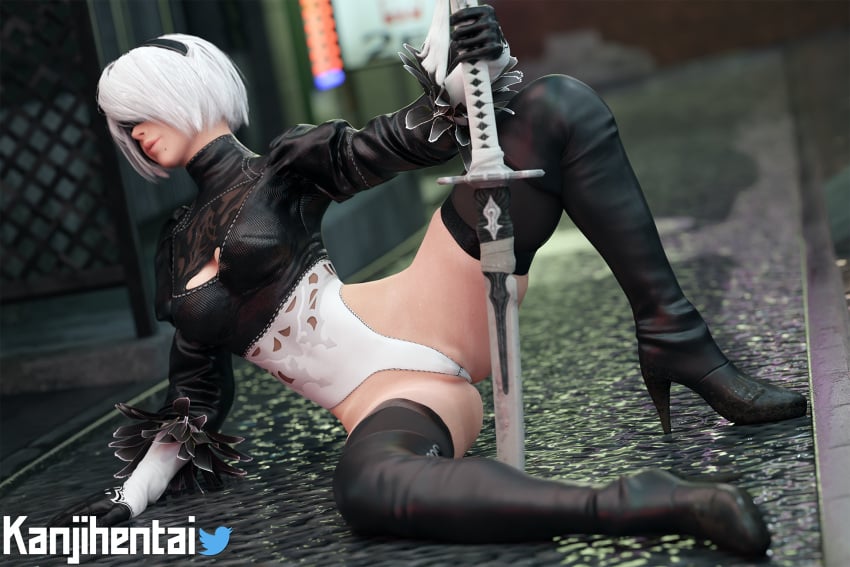 3d 3d_(artwork) blindfold cameltoe clothed heels high_heels its-gergless kanjihentai leather leather_boots leguymelef lipstick long_boots nier nier:_automata outdoors pussy wet wet_clothes white_hair yorha_2b