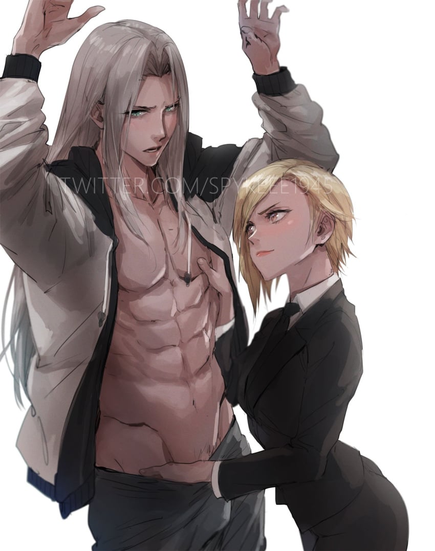 1boy 1girls abs adonis_belt arms_above_head arms_up assertive assertive_female black_suit blonde_female blonde_hair elena_(final_fantasy) female final_fantasy final_fantasy_vii final_fantasy_vii_remake groping hand_in_pants hand_on_crotch hand_on_pecs hand_under_clothes hands_above_head hands_up height_difference long_hair long_hair_male male muscular muscular_male pecs pectorals sephiroth short_hair short_hair_female silver_hair spykeee straight suit surrendering taller_male touching touching_pecs turks villain