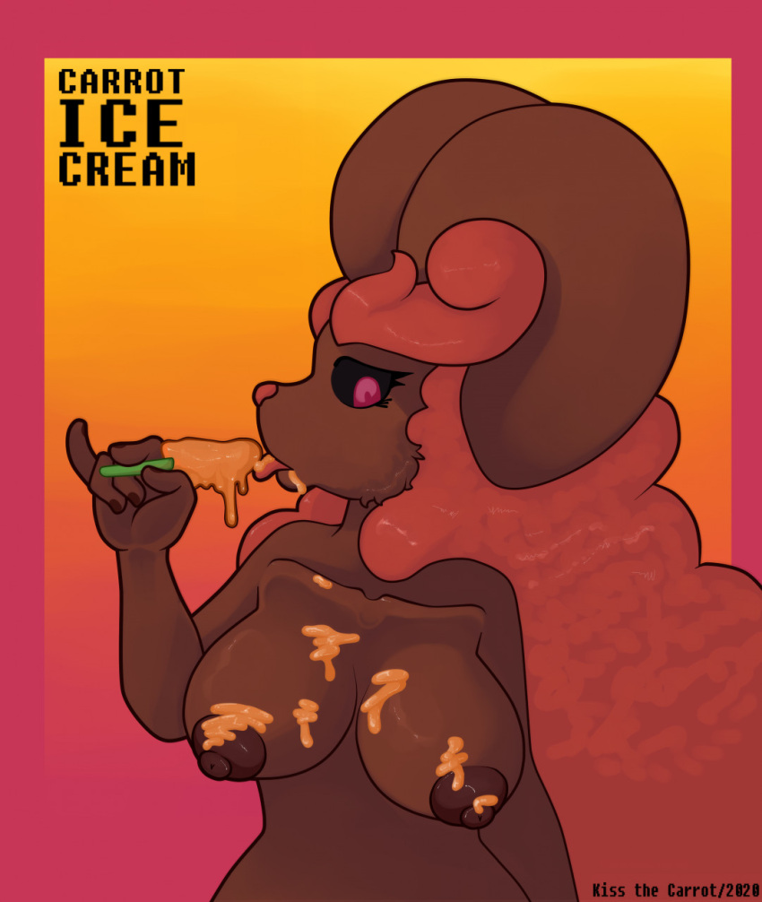 anthro anthrofied big_breasts breasts brown_body brown_fur dessert digital_media_(artwork) english_text female food fur hair hi_res humanoid ice_cream kiss_the_carrot lagomorph looking_at_viewer lopunny mammal nintendo nipples nude pokémon_(species) pokemon pokemon_(species) shaded simple_background solo text video_games