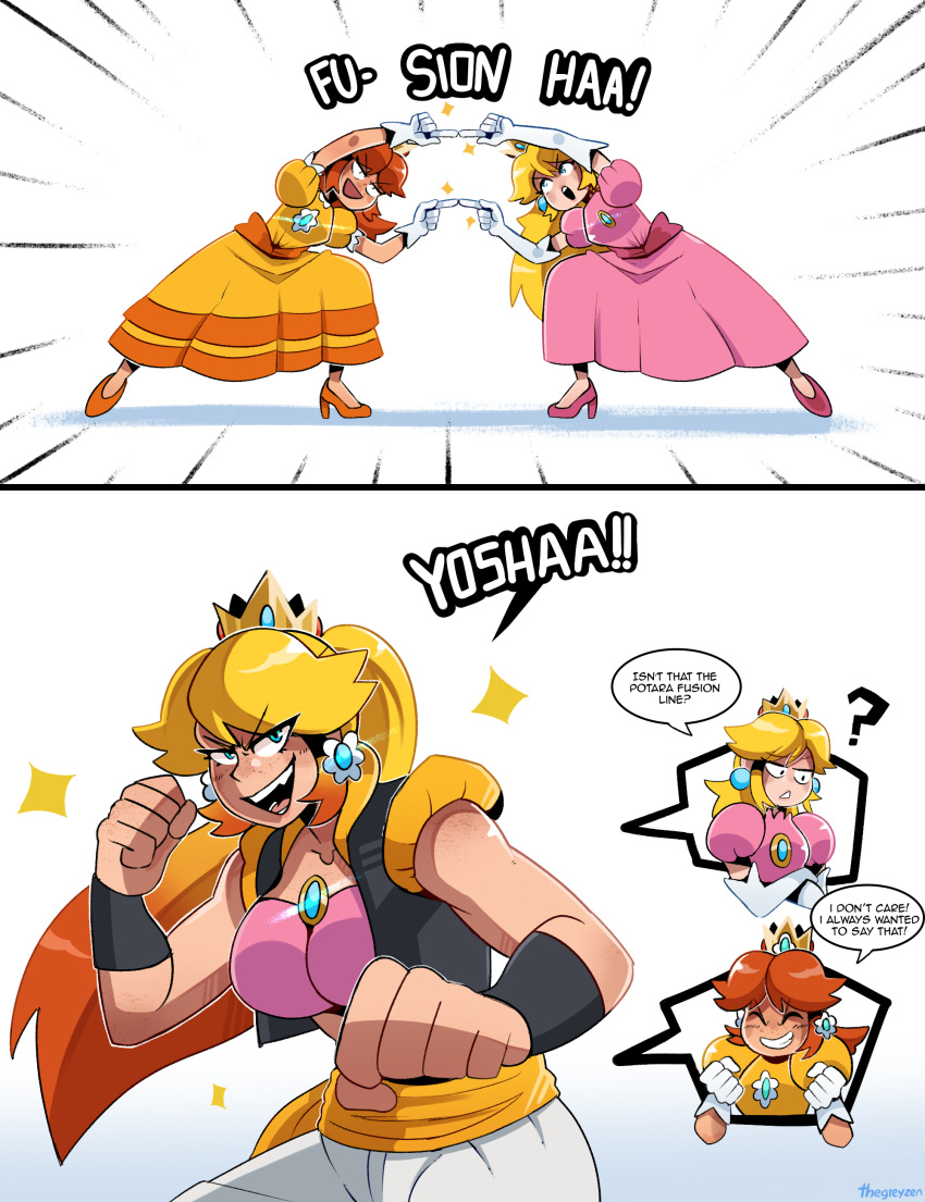 2022 2girls abs big_breasts blonde breasts crossover dragon_ball dragon_ball_z female fusion fusion_dance gogeta_(cosplay) mario_(series) muscular muscular_female nintendo parody princess princess_daisy princess_peach royalty tagme thegreyzen