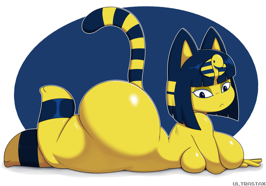 1girls animal_crossing ankha ass big_ass big_breasts blue_hair breast_squish breasts cat_ears cat_tail female furry gigantic_ass huge_ass lying lying_on_floor lying_on_stomach nintendo short_hair smaller_female thick_thighs ultrastax yellow_body