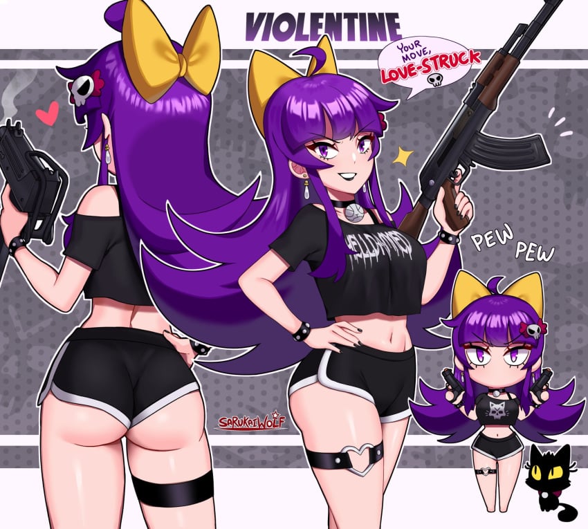 ass chibi dolphin_shorts earrings feline gun light-skinned_female light_skin long_hair looking_at_viewer original original_character purple_hair rifle sarukaiwolf smiling_at_viewer text text_bubble thighs violentine_(sarukaiwolf) weapon