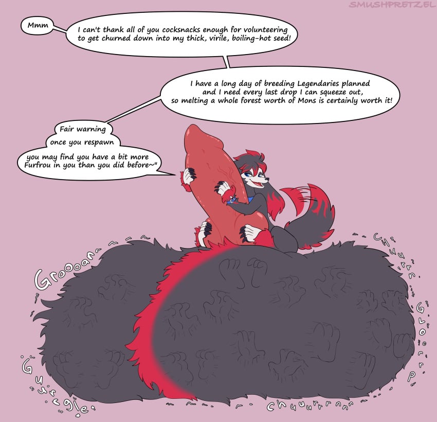 absurd_res anthro balls big_balls big_knot big_penis cock_vore dialogue digestion digestion_noises embrace erection fan_character feet_on_balls feral firebrand_(oc) furfrou genitals gynomorph hi_res hug huge_cock huge_knot hyper hyper_genitalia hyper_knot hyper_penis imprint intersex knot nintendo penile penis penis_hug pokémon_(species) pokemon smushpretzel solo tail_motion tailwag video_games vore