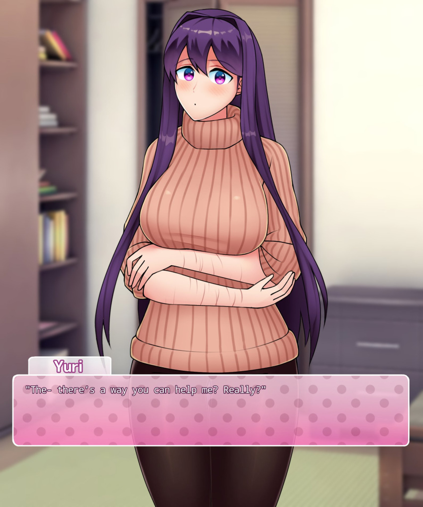 1girls 2022 arms_folded clothing curious dialogue doki_doki_literature_club female female_only large_breasts long_hair looking_at_viewer purple_eyes purple_hair standing sweater text text_box triplestabber yuri_(doki_doki_literature_club)