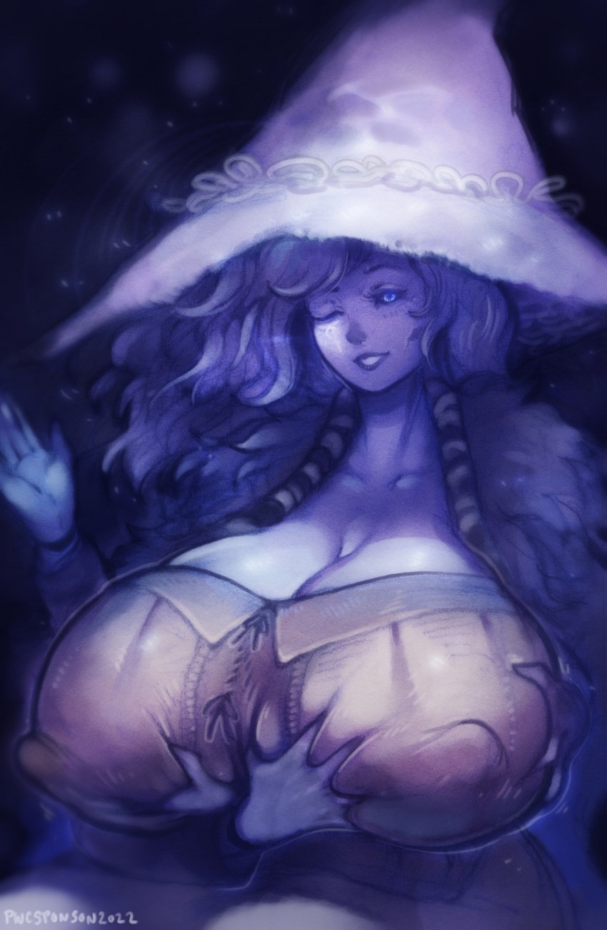 1girls 4_arms big_breasts blue_body blue_eyes blue_hair blue_skin breasts cleavage clothed clothing elden_ring fromsoftware hat holding_breast large_breasts looking_at_viewer multi_arm multi_limb nipple_bulge one_eye_closed pwcsponson ranni_the_witch smile solo solo_female tagme witch_hat