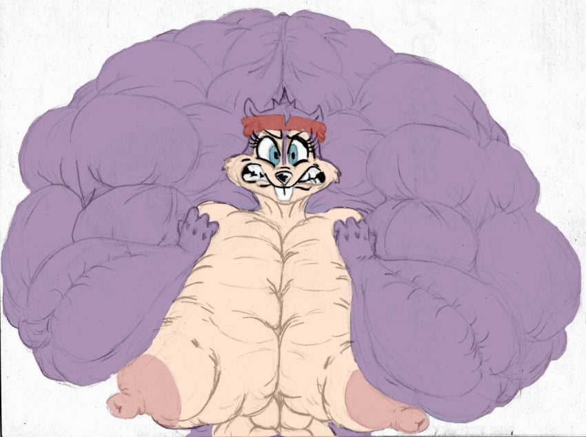 abs angry animaniacs anthro blue_eyes candie_chipmunk chipmunk erect_nipples eyelashes female flexing fritztcatking furry grimace headband hyper hyper_muscles large_breasts muscular muscular_female purple_fur solo warner_brothers what