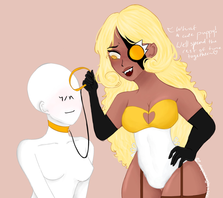 <3 anon anonymous_female bald bald_female bald_woman blonde_hair collar cookie_run dark-skinned_female dark_skin dialogue english_text fangs female female/female hand_on_hip leash orange_eyes petplay tagme timekeeper_cookie y/n yuri