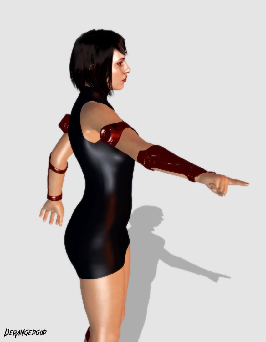 3d derangedgod female female_only latex minidress miniskirt mortal_kombat mortal_kombat_11 oiled_skin pointing red_lipstick short_hair skarlet solo thighs tight_clothing wristband xnalara