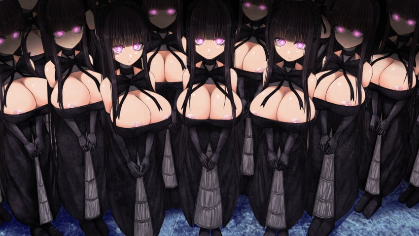 6+girls aebafuti areolae bangs black_dress black_gloves black_hair cleavage clone clones dress emotionless female_only gloves glowing_eyes huge_breasts large_breasts long_hair looking_at_viewer multiple_girls original original_character pink_eyes ribbon standing