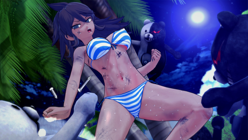 1girls 3d beach big_breasts biyo brown_hair danganronpa danganronpa_2:_goodbye_despair dark-skinned_female fight koikatsu monokuma owari_akane shimapan smooth_skin swimsuit tomboy