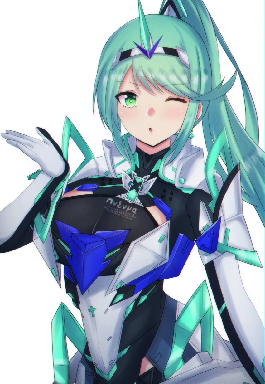 1girls big_breasts blowing_kiss bodysuit breasts busty female female_only green_eyes green_hair large_breasts latte_daruta2 long_hair looking_at_viewer one_eye_closed pneuma_(xenoblade) ponytail solo wink xenoblade_(series) xenoblade_chronicles_2