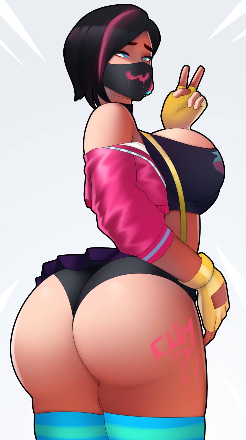 1girls ass big_ass big_breasts big_butt black_hair blue_eyes body_writing breasts butt cleavage crop_top facemask fingerless_gloves fortnite gloves large_ass looking_back mask panties postblue98 rox_(fortnite) short_hair sideboob simple_background skirt solo solo_female spats sport_shorts streaked_hair tagme thick_thighs thighhighs upskirt v_sign white_background