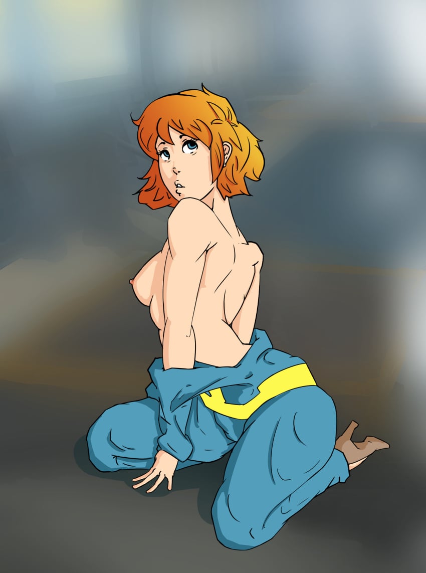 bethesda_softworks blue_eyes eyelashes fallout female heels high_heels no_bra obsidian_entertainment partially_undressed quetzoiin red_hair short_hair solo vault_dweller vault_girl vault_suit