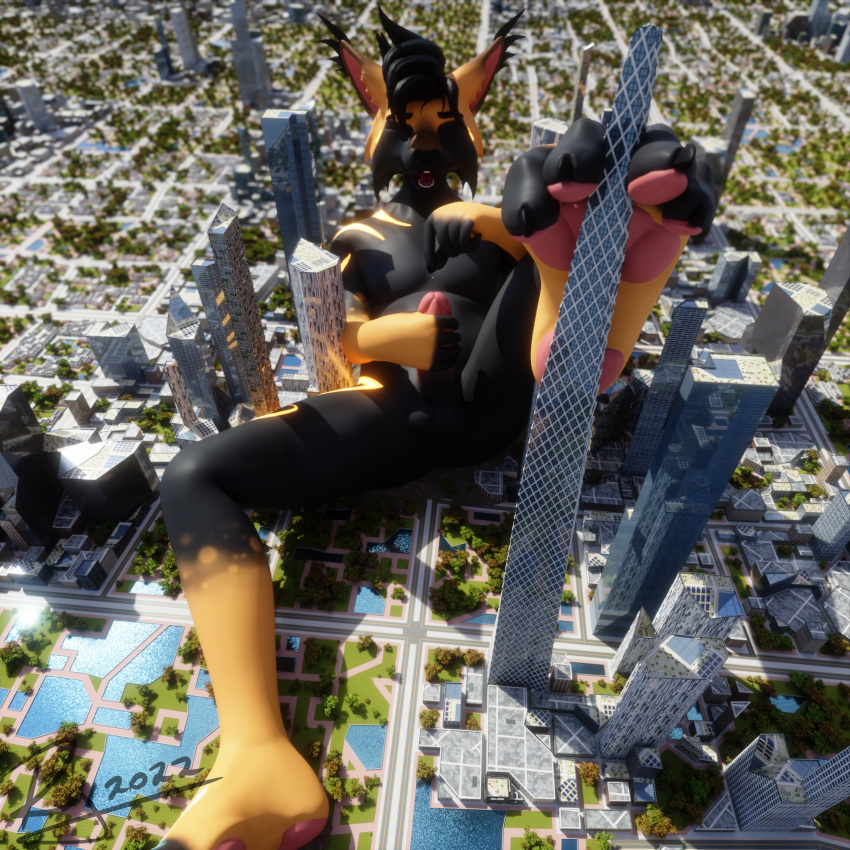 absurd_res anthro building city cityscape felid feline genitals hi_res legacy_(freschrenders) lying lynx macro male mammal micro pawpads paws penis solo uwunice