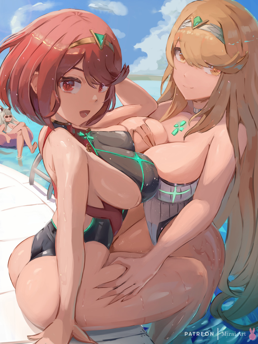 2021 3girls absurd_res ass back black_swimsuit blonde_hair breasts character_in_background choker cleavage core_crystal earrings exposed_shoulders female female_focus female_only floatie gold_eyes hair_ornament hand_behind_head hand_on_breast hand_on_thigh hi_res highleg_swimsuit horny large_ass large_breasts long_hair looking_at_viewer miraihikari multiple_girls mythra nia nia_(blade) nia_(xenoblade) nintendo one-piece_swimsuit open_mouth pool poolside pyra red_hair shiny_hair shiny_skin short_hair sideboob sitting smile smiling_at_viewer swept_bangs swimsuit symmetrical_docking thick_thighs thigh_grab thighs tiara tight_swimsuit very_high_resolution water wedgie wet white_swimsuit xenoblade_(series) xenoblade_chronicles_2