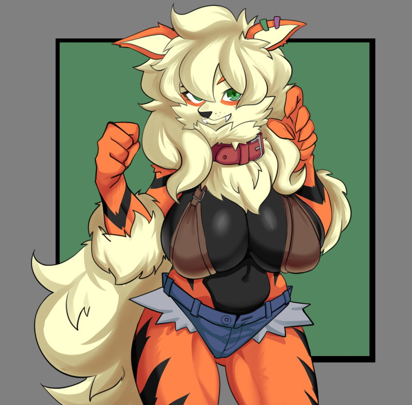 2022 arcanine breasts cannedtaco cleavage female_only furry green_eyes large_breasts looking_at_viewer nintendo pokemon pokemon_(species)