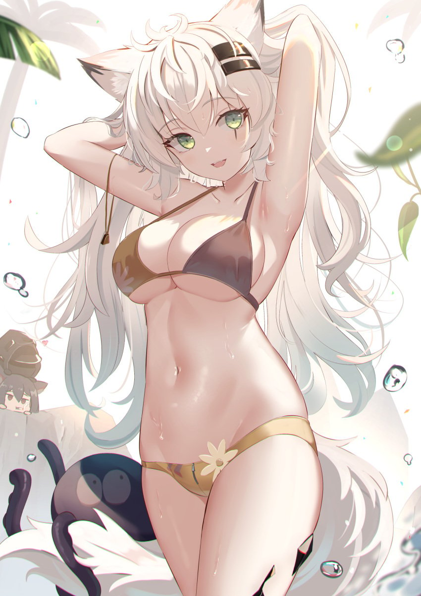 :d absurdres animal_ears arknights armpits arms_up bare_arms bare_shoulders bikini black_bikini breasts cleavage collarbone cowboy_shot female female green_eyes groin halterneck hands_in_hair highres lappland_(arknights) large_breasts long_hair looking_at_viewer mirufuaa mismatched_bikini navel open_mouth oripathy_lesion_(arknights) scar scar_across_eye smile solo stomach strap_gap string_bikini swimsuit tail thighs wet white_hair wolf_ears wolf_girl wolf_tail yellow_bikini zipper