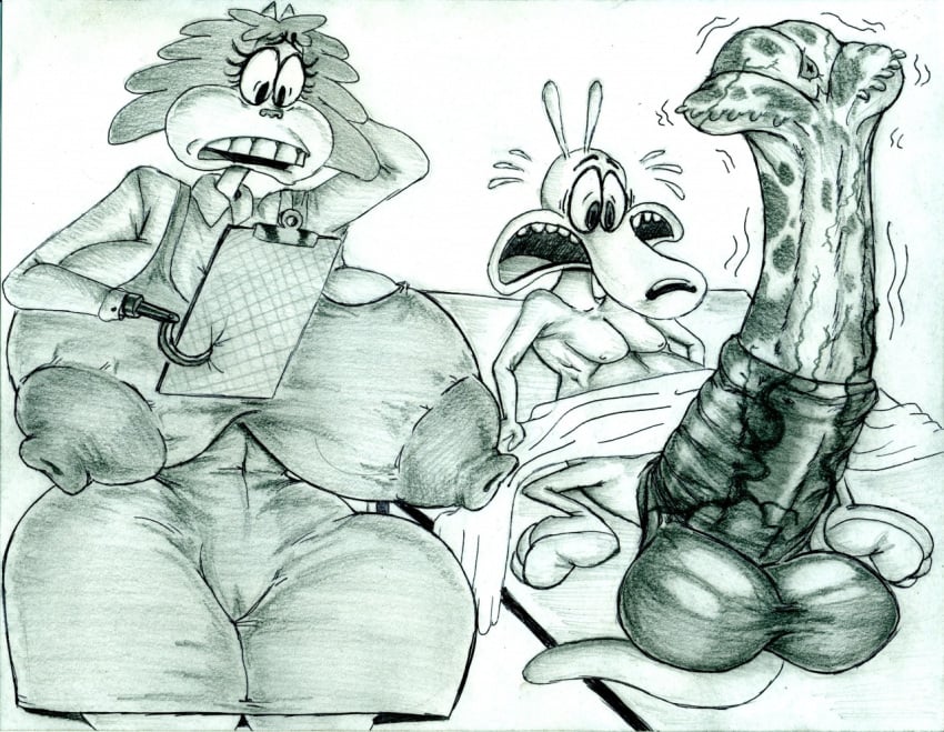 anthro clipboard dr._hutchison erect_nipples eyelashes feline female fritztcatking furry hook_hand horsecock hyper_breasts hyper_penis monochrome pencil_(artwork) rocko rocko's_modern_life solo traditional_media_(artwork) wallaby what