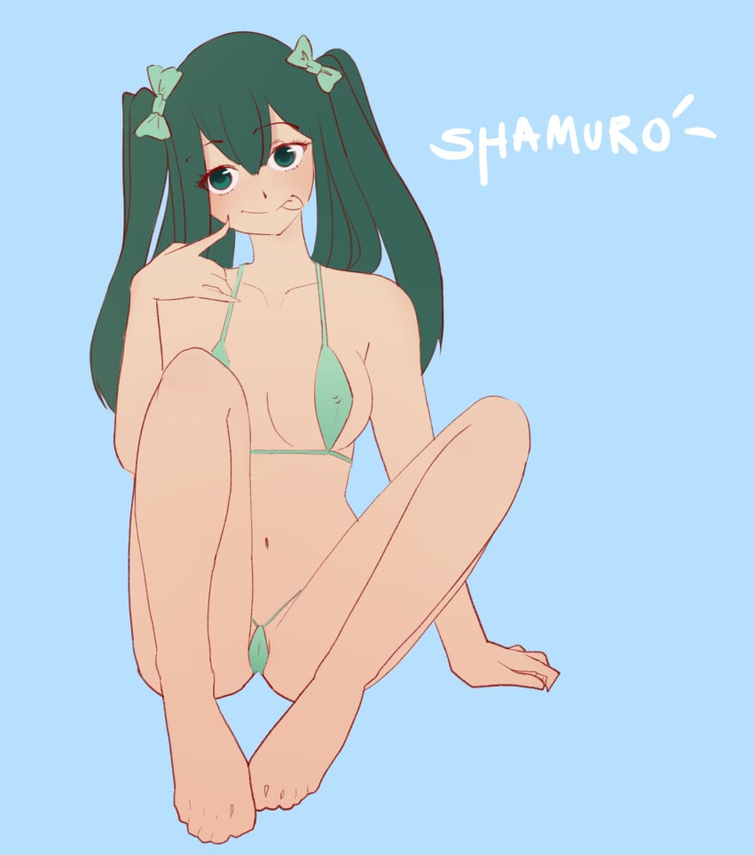 bikini froppy green_eyes green_hair matching_hair/eyes my_hero_academia shamuro swimsuit tsuyu_asui twintails