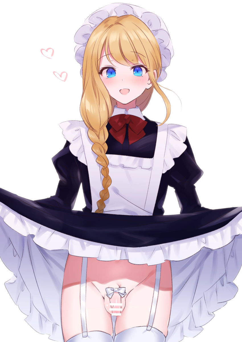 +++_(artist) 1boy :d absurdres bar_censor blonde_hair blue_eyes blush bow braid censored character_request clothes_lift copyright_request dress dress_lift eyebrows_visible_through_hair femboy garter_straps girly hair_over_shoulder heart highres lifted_by_self looking_at_viewer maid maid_headdress male male_focus male_only open_mouth otoko_no_ko penis penis_bow red_neckwear simple_background small_penis smile solo testicles thighhighs trap white_background white_legwear