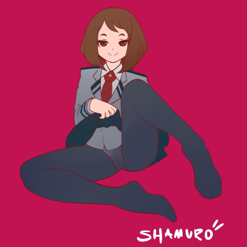 brown_eyes brown_hair cameltoe feet leggings matching_hair/eyes my_hero_academia ochako_uraraka pussy_visible_through_clothes shamuro skirt skirt_lift