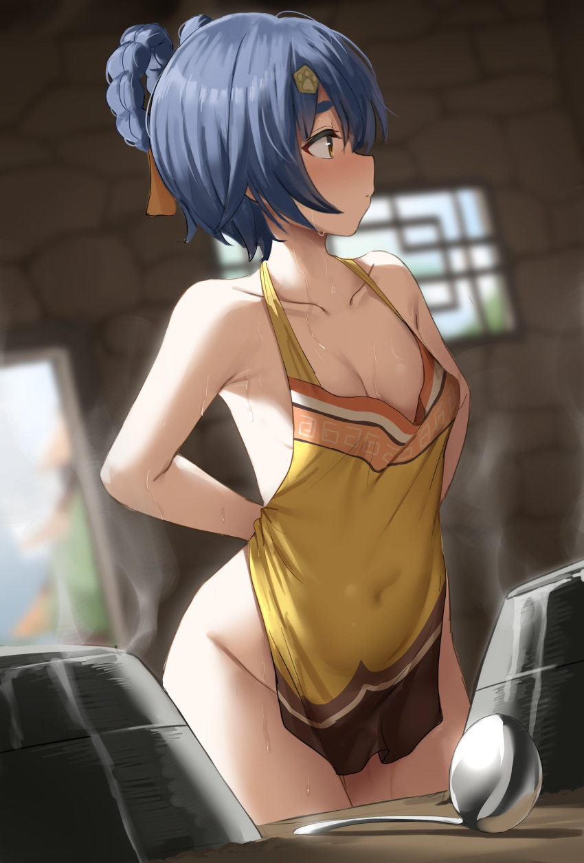 1girls apron apron_only armpit_peek blue_hair blush breasts brown_eyes cleavage covered_navel female female_only genshin_impact naked_apron no_bra no_panties sensual shengtian small_breasts sweat teenage_girl teenager thick_thighs thighs tied_hair xiangling_(genshin_impact) young