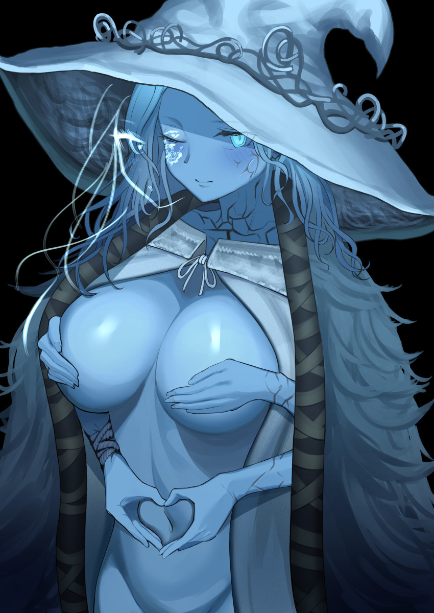 1girls 360_(taiyo360) 4_arms big_breasts black_background blue_body blue_eyes blue_hair blue_skin blush breasts cape covered_nipples covering_nipples elden_ring female female_only fromsoftware hand_heart hand_on_breast hat holding_hands looking_at_viewer multi_arm multi_face multi_limb navel one_eye_closed open_clothes open_robe ranni_the_witch simple_background smile solo solo_female winking witch_hat