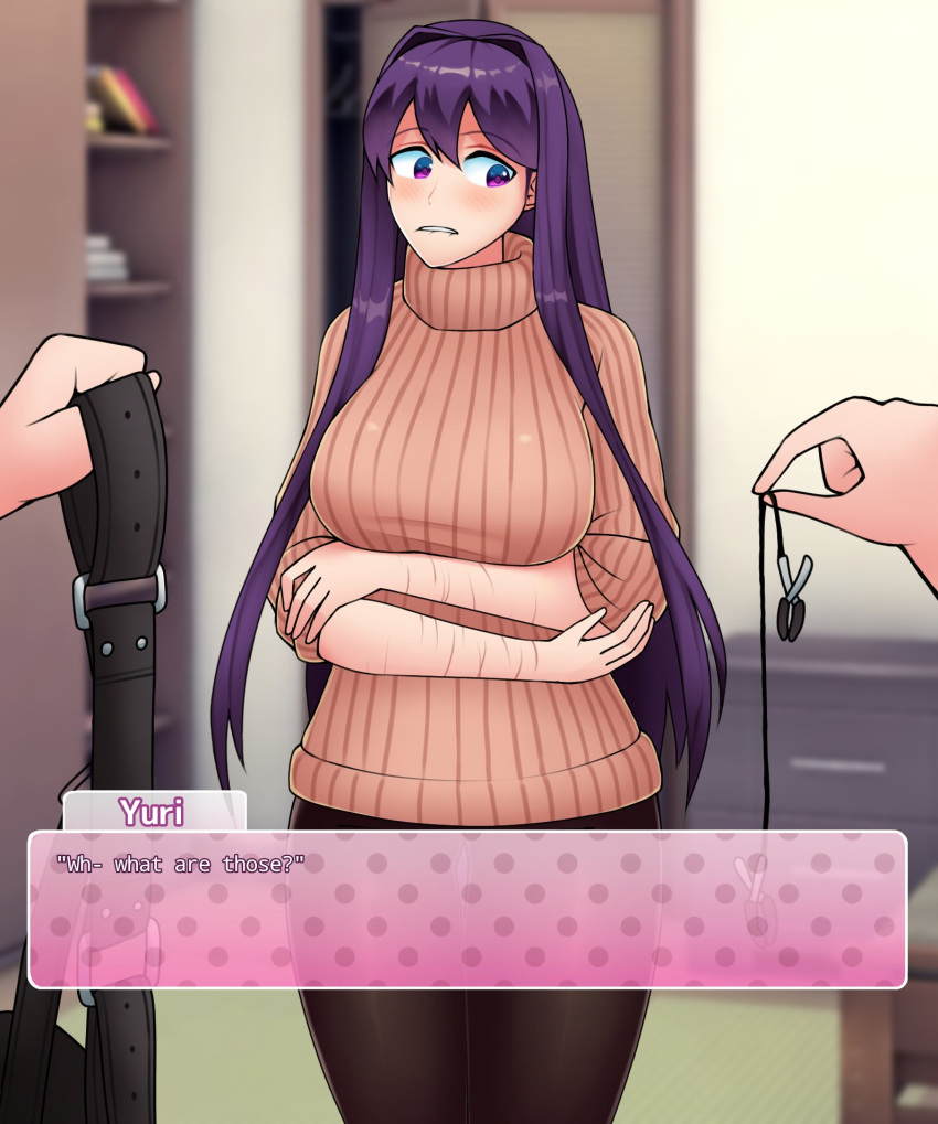 1girls 2022 arms_folded biting_lip clothing dialogue doki_doki_literature_club female female_only large_breasts long_hair looking_at_viewer nipple_clamps nipple_string purple_eyes purple_hair restraints sex_toy standing sweater text text_box triplestabber yuri_(doki_doki_literature_club)