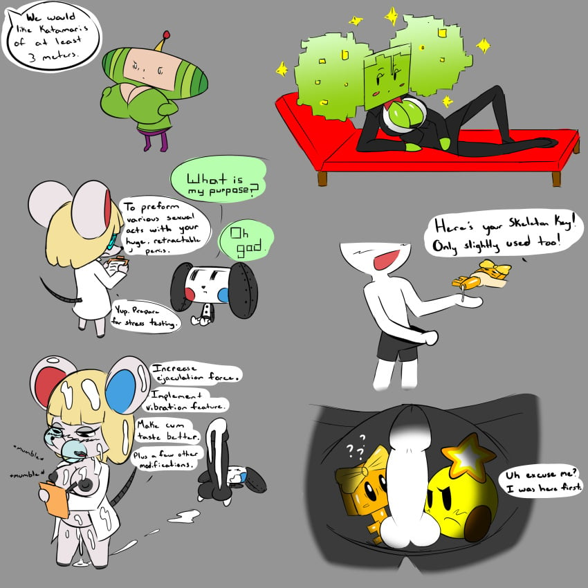 2022 2d animal_crossing anthro balls blonde_hair breasts canine cleavage cum cum_drip cum_on_body cum_on_breasts cum_on_face dialogue english_text female furry glasses green-skinned_female green_hair green_skin katamari_damacy lab_coat labcoat large_breasts large_penis mario_(series) mario_and_luigi_(series) mario_party mario_party_2 mimi_(super_paper_mario) mob_face mouse multiple_images nintendo nipples pale-skinned_male pale_skin paper_mario penis petri_(animal_crossing) robot shortstack skeleton_key starlow straight_hair super_paper_mario supermoonshroom switch_dog tail text the_prince tits tuxedo video_games