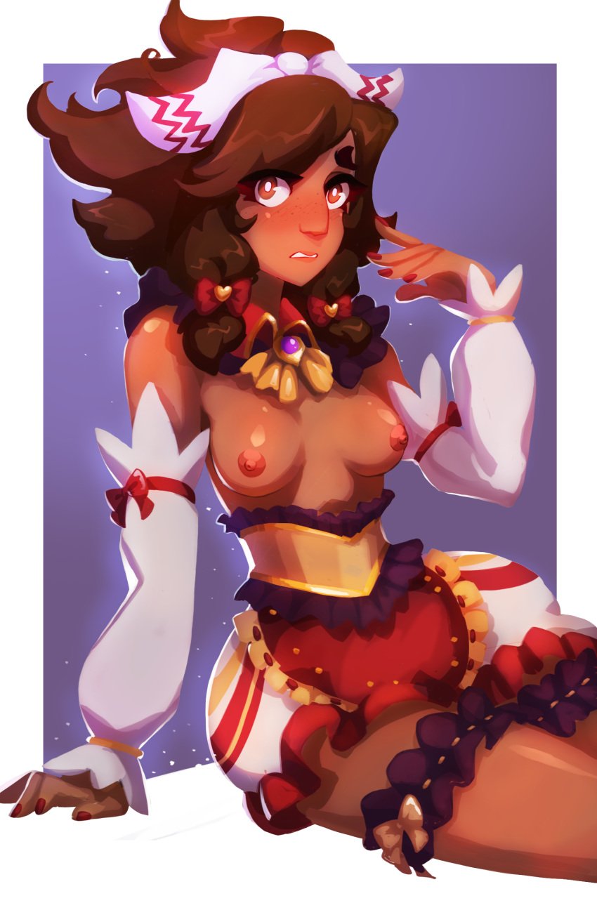 1girls 2022 brown_body brown_eyes brown_hair dark-skinned_female dark_hair dark_skin exposed_breasts female functionally_nude league_of_legends league_of_legends:_wild_rift maid maid_headdress maid_outfit maid_uniform nervous red_clothing skyrilium solo solo_female solo_focus taliyah tan tan_body tan_skin