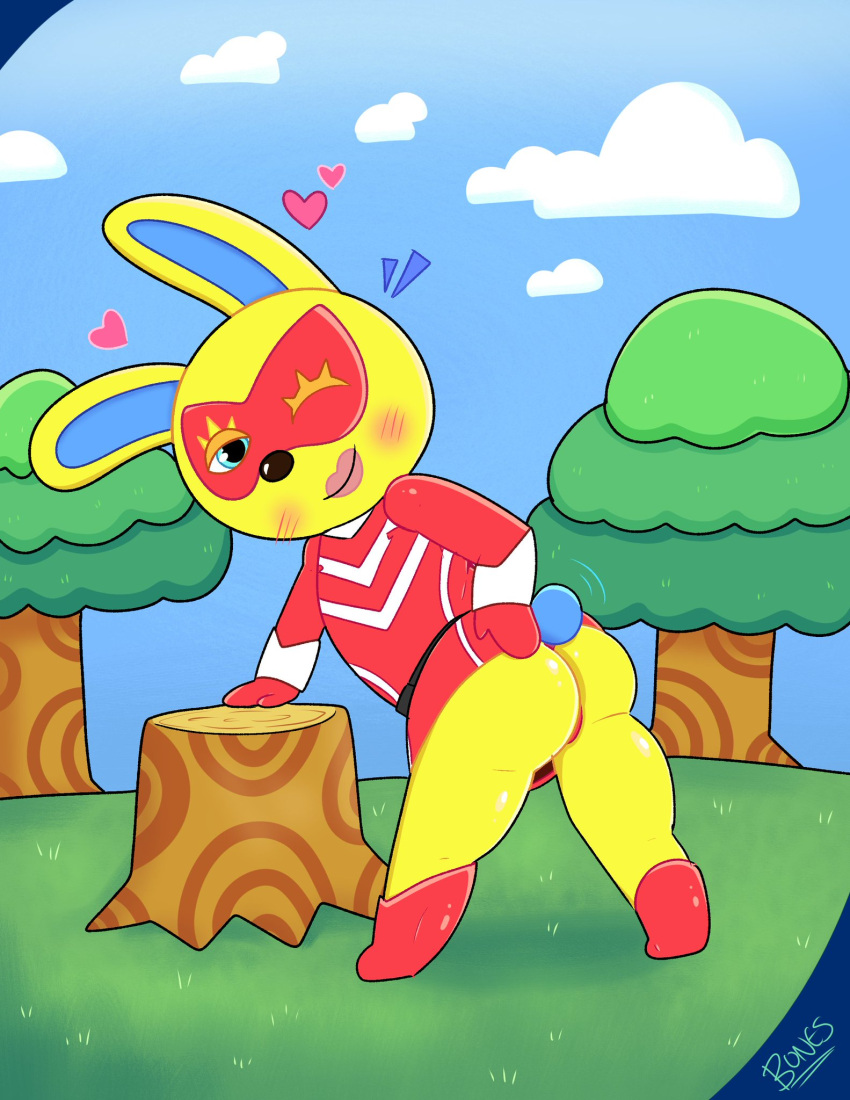 2022 animal_crossing ass bigbonesart blush boots bunny_ears bunny_girl cosplay costume latex looking_at_viewer mask mira_(animal_crossing) nintendo outside rabbit rabbit_ears rabbit_tail tease teasing thick_thighs thighs wink winking