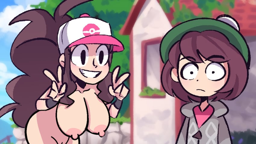 2girls alternate_breast_size breast_size_difference edit frustrated gloria_(pokemon) happy hilda_(pokemon) huge_breasts large_breasts looking_at_viewer multiple_girls nude_female peace_sign peargor pokemon pokemon_bw pokemon_ss pokemon_trainer smiling