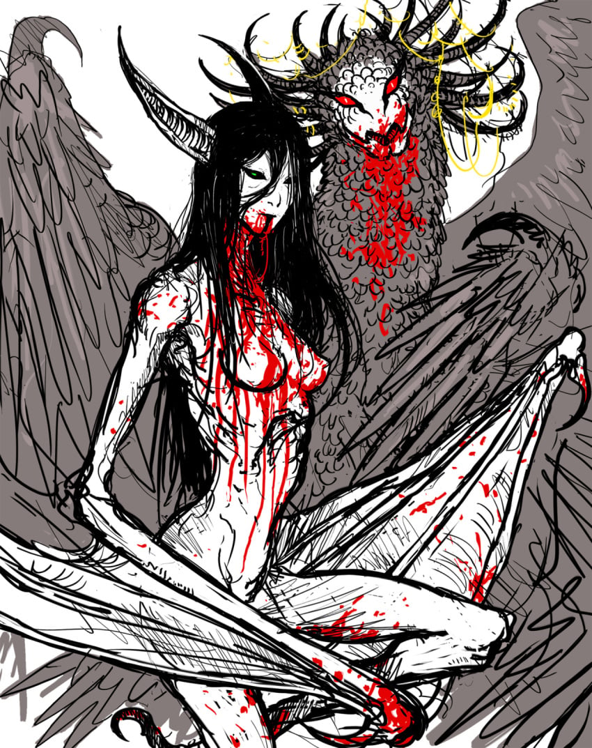 2girls 2monsters awesome aztec_mythology bat_girl blood camazotz context_at_source divine divine_slut dragon dragon_girl evil_grin female female_focus female_only goddess gold_(metal) green_eyes harpy horns ishtar medium_breasts membranous_wings mesopotamian_mythology middle_eastern_mythology monster monster_girl mythology red_eyes red_feathers royalty sharp_teeth spaghettibastard sumerian_mythology very_long_hair yuri