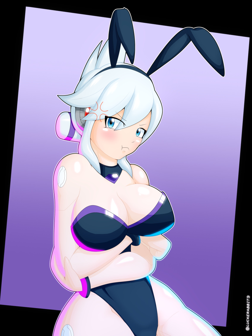 android annoyed big_breasts bunnysuit mega_man mega_man_x_corrupted mrlucke robot_girl synthia_(mega_man_x_corrupted) tagme white_hair