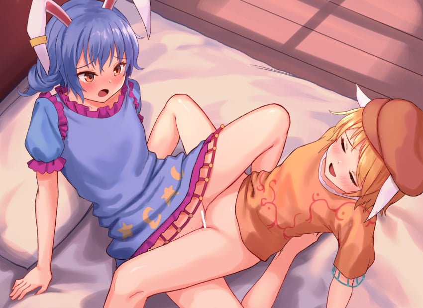 2girls animal_ears bangs bar_censor bare_legs barefoot bed blonde_hair blue_dress blue_hair blush bottomless brown_headwear censored closed_eyes collarbone commentary_request crescent crescent_print dress eyebrows_visible_through_hair hair_between_eyes hat indoors looking_at_another medium_hair multiple_girls on_bed open_mouth orange_shirt pillow puffy_short_sleeves puffy_sleeves pussy rabbit_ears red_eyes ringo_(touhou) roke_(taikodon) seiran_(touhou) sex shadow shirt short_hair short_sleeves short_twintails sitting sitting_on_bed smile star_(symbol) star_print t-shirt tongue touhou tribadism twintails yuri