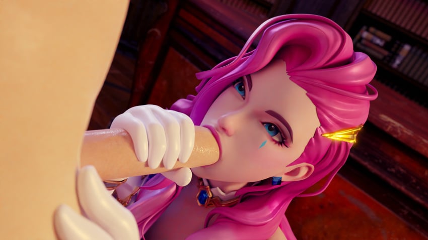 1boy 1girls 3d athletic_female blender blue_eyes clothing cute fellatio human kneeling league_of_legends long_hair male/female oral penis petite pink_eyeshadow pink_hair pink_lipstick riot_games seductive_eyes seraphine_(league_of_legends) sex teenager thecount