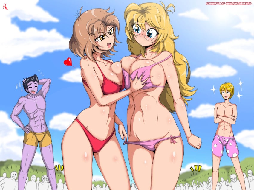 2girls asymmetrical_docking beach bikini blonde_hair crowd groping_breasts huge_breasts large_breasts light_brown_hair medium_hair multiple_boys original original_characters ryured short_hair swimming_trunks