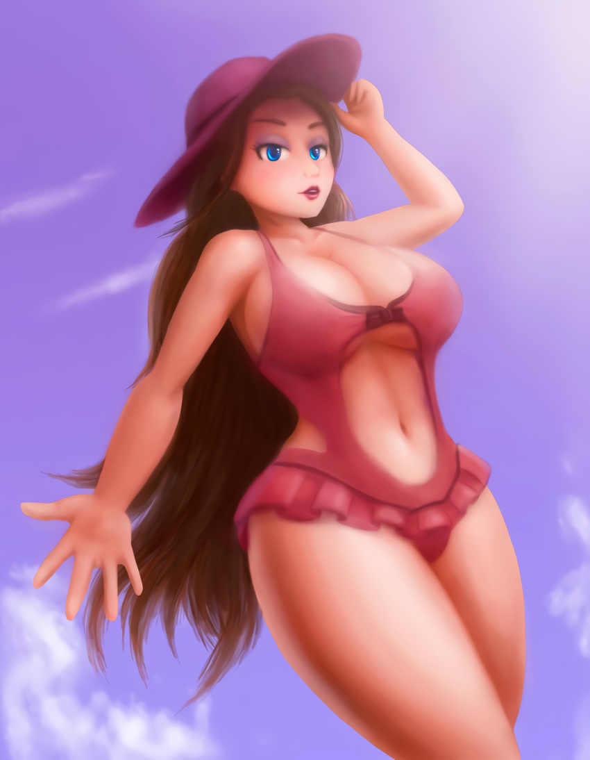 alternate_version_available arm_up blue_eyes breast_grab brown_eyebrows brown_hair cleavage clothing female female_only hand_on_hat legs_crossed light-skinned_female long_hair looking_at_viewer mario_(series) pauline pink_lipstick purple_eyeshadow red_hat red_swimsuit saf-404 safartwoks safartworks sun super_mario_odyssey thick_thighs