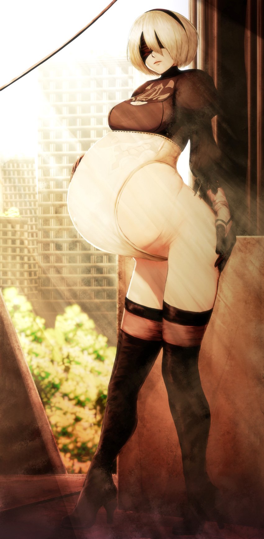 1girls belly big_belly blindfold breasts clothed clothing female female_only hairband huge_belly light-skinned_female light_skin nier nier:_automata pregnant solo solo_female standing thighhighs uwasa75 white_hair yorha_2b