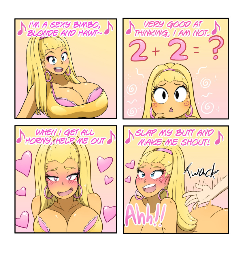 1boy 1girls bimbo bimbofication blonde_hair blue_eyes blush breasts cleavage comic dark_skin doggy_style english_text female_focus femsub heart-shaped_pupils hi_res humor kobi-tfs kobi94 large_ass large_breasts long_hair looking_at_viewer pink_eyes ponytail singing slapping_butt solo_focus spanking_ass talking_to_viewer text