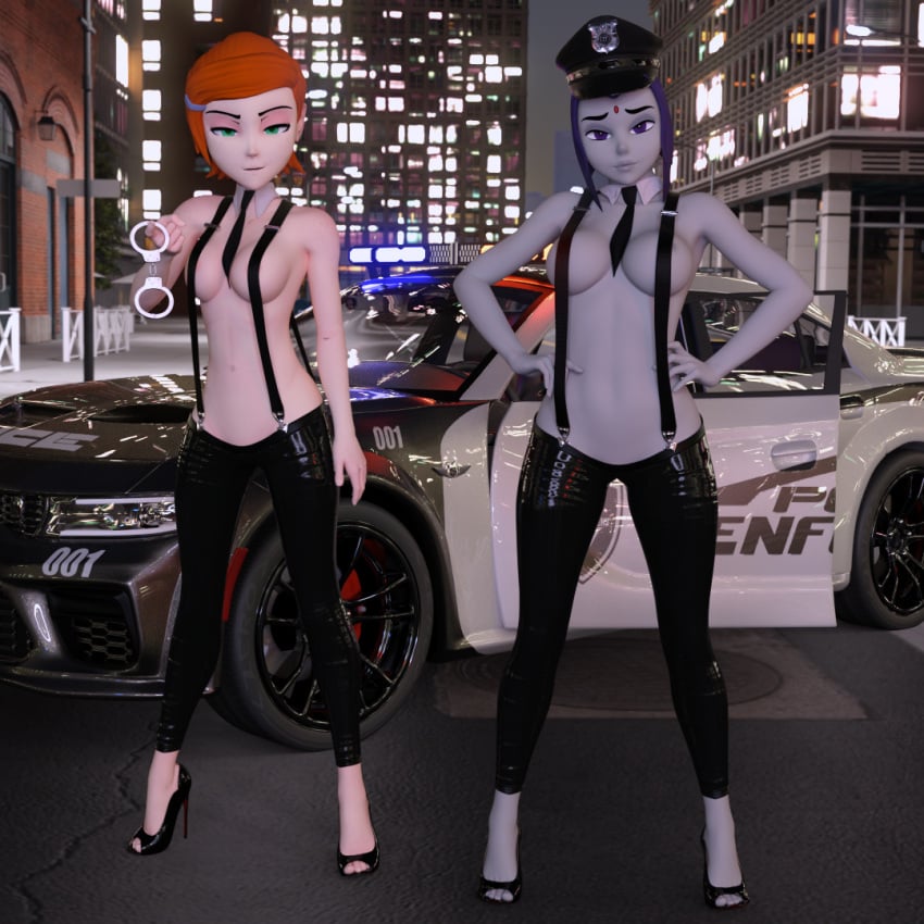 2girls 3d 3d_(artwork) aged_up barely_covered ben_10 big_breasts breasts breasts_out breasts_outside car cartoon_network collar_only cop_car cop_outfit crossover daz3d daz_studio dc dc_comics dodge_charger female female_only gwen_tennyson handcuffs high_heels manhole_cover medium_breasts necktie_between_breasts no_bra orange_hair pin3d police police_car police_hat police_uniform policewoman rachel_roth raven_(dc) shirtless suspenders teen_titans tight_clothes tight_clothing tight_pants topless topless_female