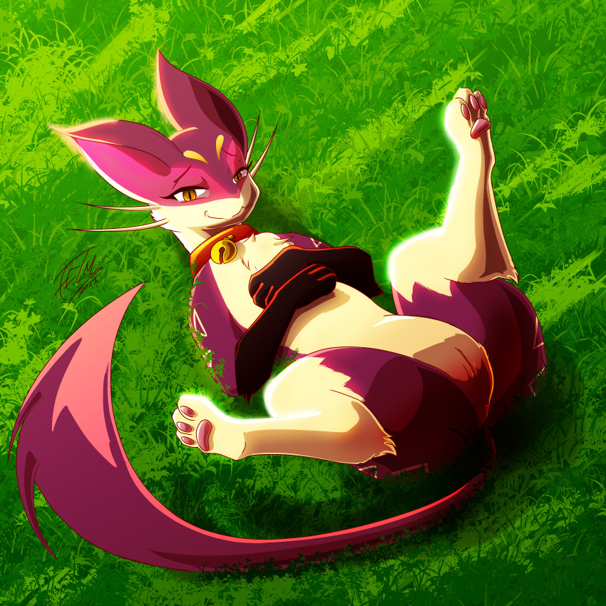 3_toes absurd_res bell bell_collar clothing collar eyebrows feet female feral fur furry furry_only genitals gloves grass handwear hi_res liepard looking_at_viewer lying naked nintendo nude on_back pawpads plant pokémon_(species) pokemon presenting purple_body pussy raised_eyebrows red_felyne shiny_pokémon simple_background smile smiling_at_viewer solo spread_legs spreading tail thelightsmen toes video_games yellow_eyes