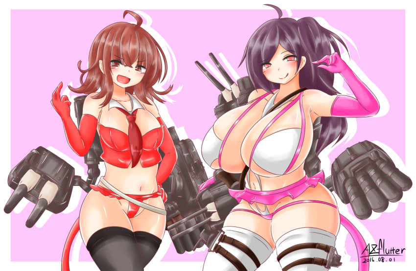 ahoge arashi_(kantai_collection) ayazumi_flutter bare_shoulders black_legwear bra breasts brown_eyes brown_hair cannon curvy elbow_gloves female female_focus gigantic_breasts gloves hagikaze_(kantai_collection) kantai_collection long_hair looking_at_viewer miniskirt navel open_mouth panties pink_eyes pink_gloves red_gloves revealing_clothes simple_background skirt smile solo standing thick_thighs thighhighs thighs underwear weapon white_legwear white_panties wide_hips