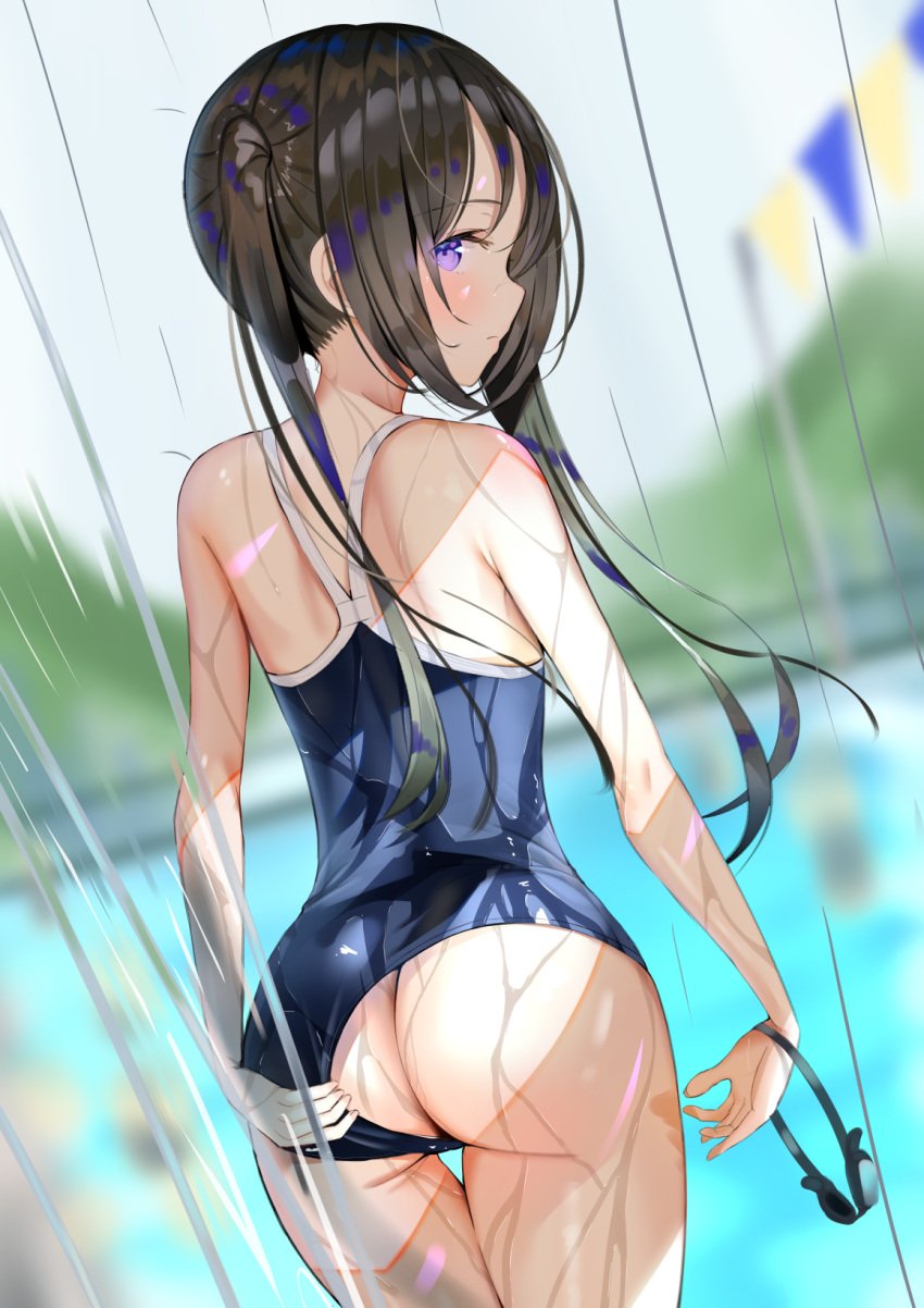 1girls ass back bangs black_hair black_swimsuit blurry blurry_background bunting butt_crack character_request closed_mouth clothes_pull commentary_request eyebrows_visible_through_hair female female_only goggles goggles_removed grey_sky highres long_hair looking_at_viewer looking_back mountain one-piece_swimsuit original pool poolside purple_eyes sakura_yuu_(hzjy8485) school_swimsuit school_uniform shoulder_blades sidelocks solo standing swimsuit swimsuit_pull twintails wet