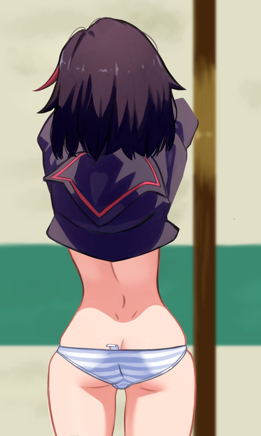 1girls ass ass_cleavage black_hair blue_and_white_striped_panties blue_panties bottomless butt_crack canon_panties female female_only from_behind kamui_(kill_la_kill) kill_la_kill madaotheory matoi_ryuuko meme multicolored_hair panties red_hair red_highlights redraw ryukoredraw sailor_uniform school_uniform senketsu shimapan shirt short_hair simple_background solo solo_female standing streaked_hair striped striped_panties two-tone_hair underwear undressing