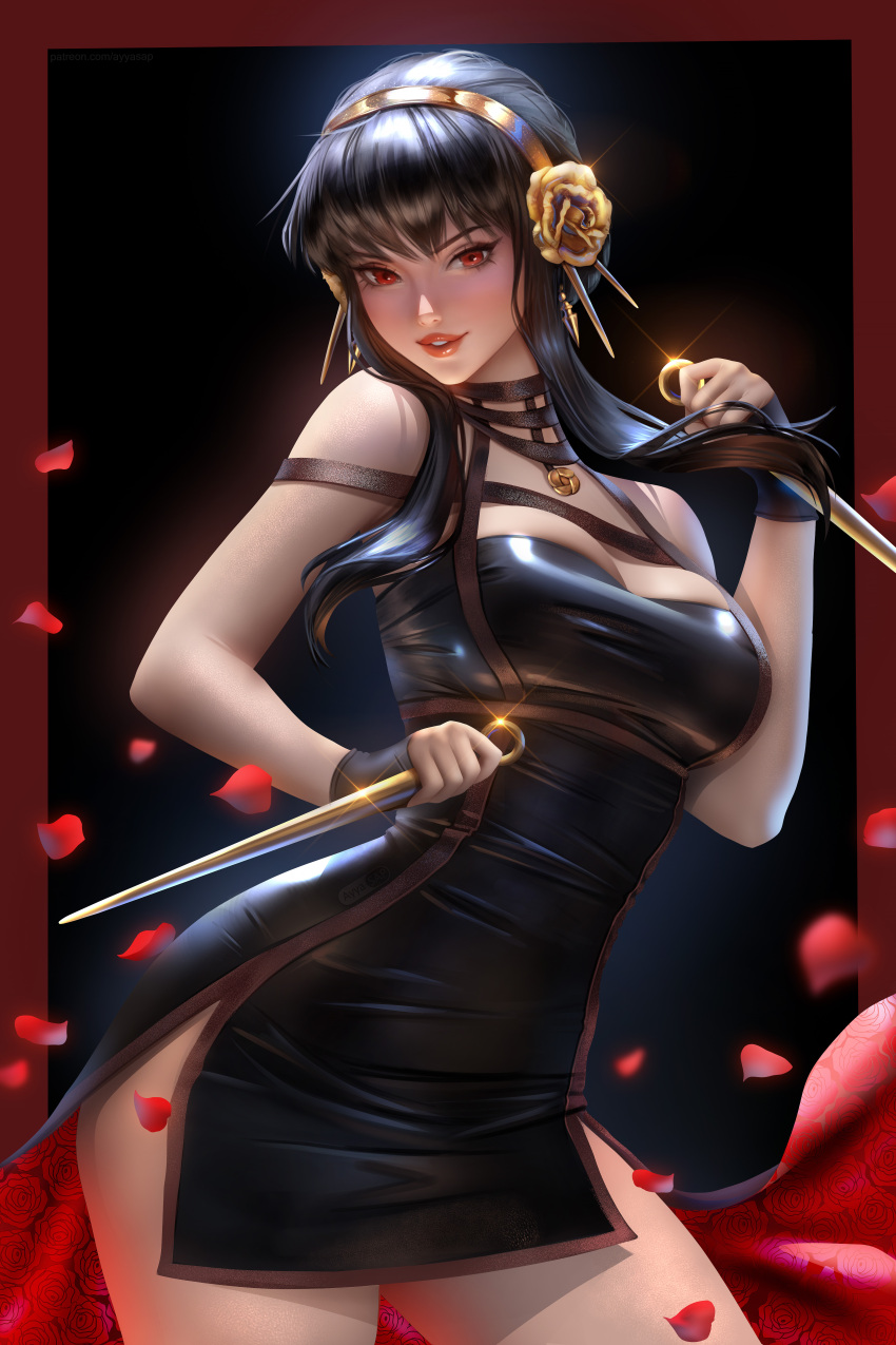 1girls assassin ayyasap big_breasts black_clothing black_dress breasts choker dress female female_only headband hi_res highres long_hair looking_at_viewer nipples pussy realistic red_eyes solo spy_x_family stiletto_(weapon) thorn_princess yor_briar