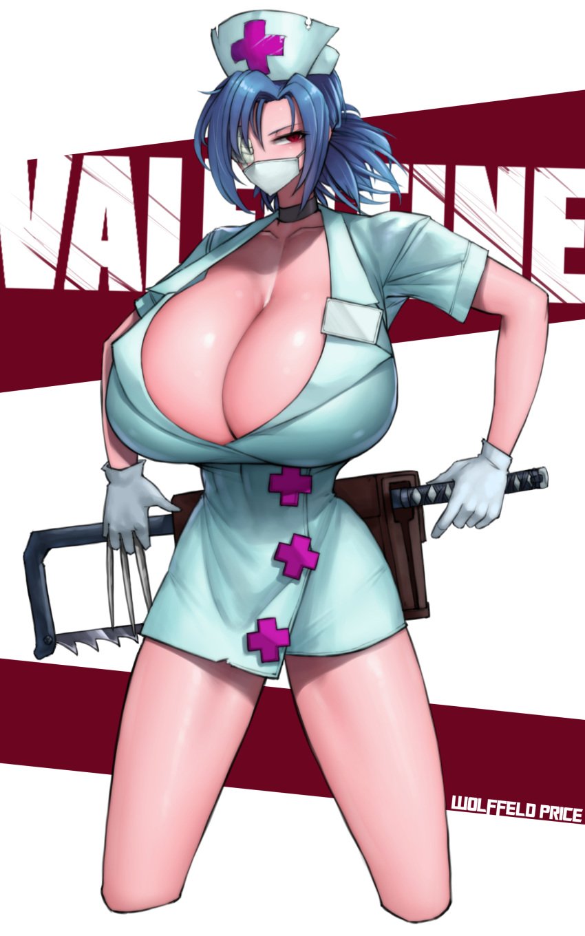 big_breasts blue_hair cleavage cleavage_cutout face_mask huge_breasts large_breasts nurse nurse_cap nurse_uniform red_eyes simple_background skullgirls valentine_(skullgirls) wolffeld wolffeld_price